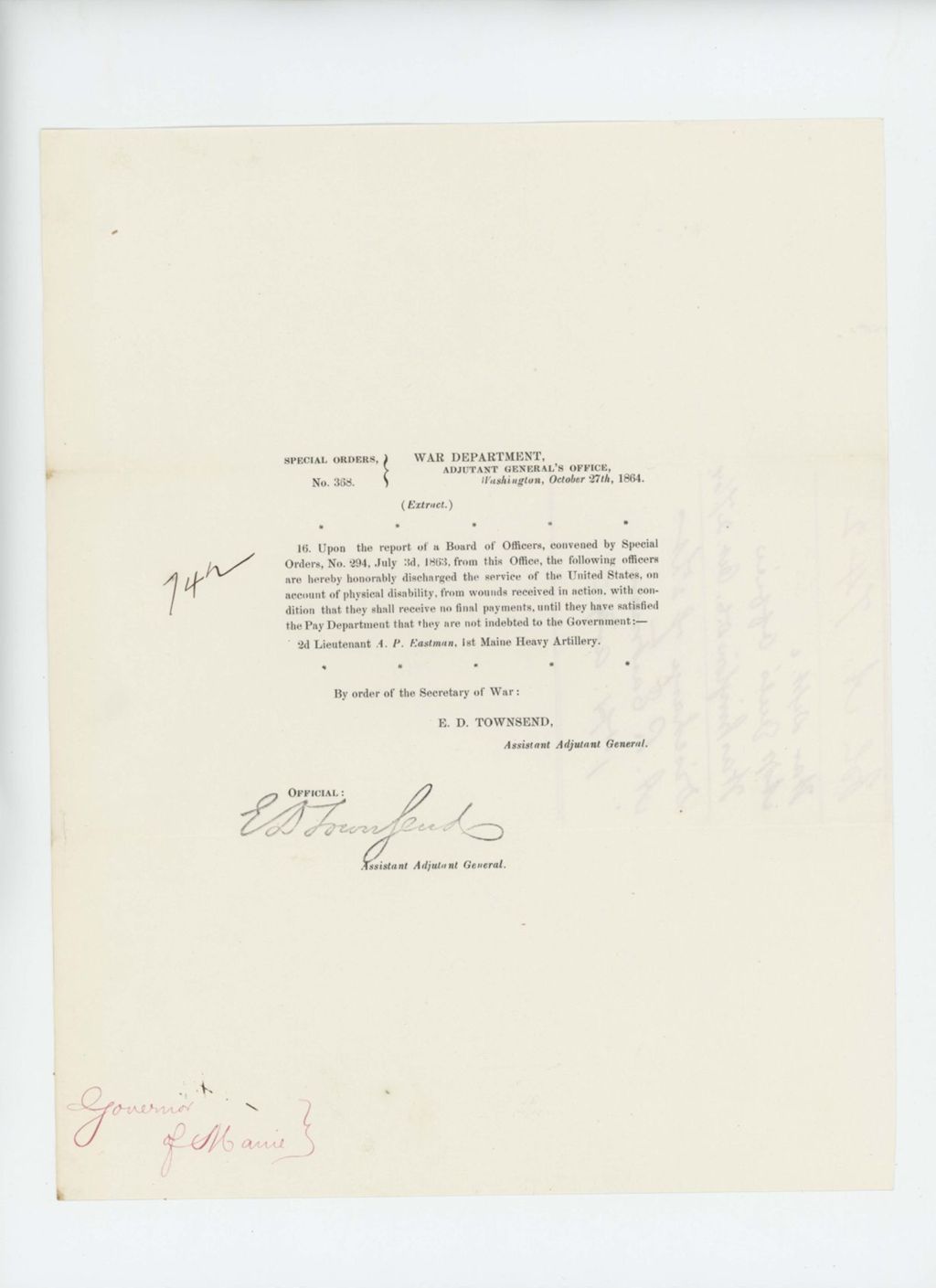 Miniature of Special Order 368 honorably discharging Lieutenant A.P. Eastman from service for wounds received in action