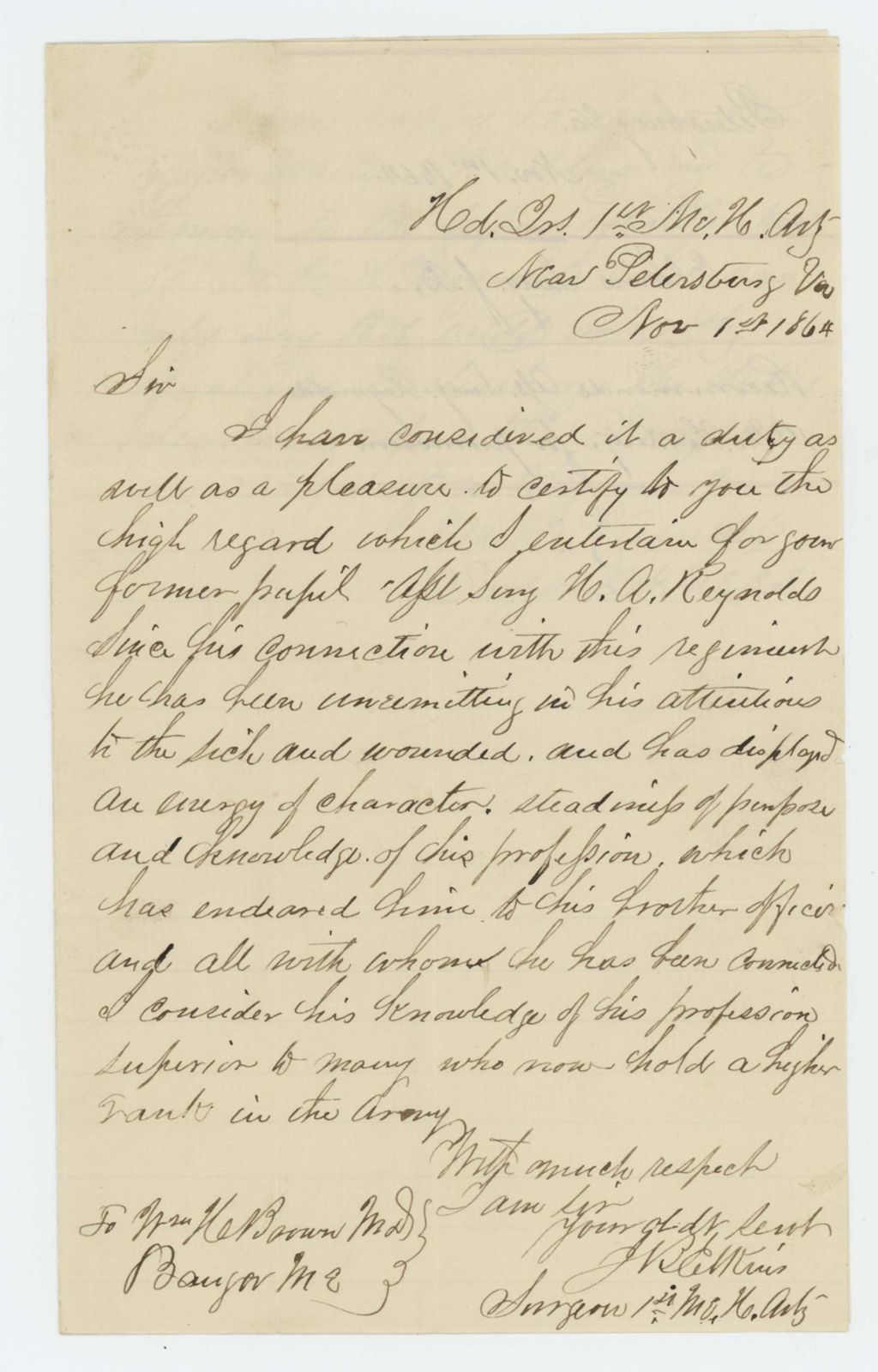 Miniature of Surgeon Jerome B. Elkins recommends Assistant Surgeon H.A. Reynolds for promotion