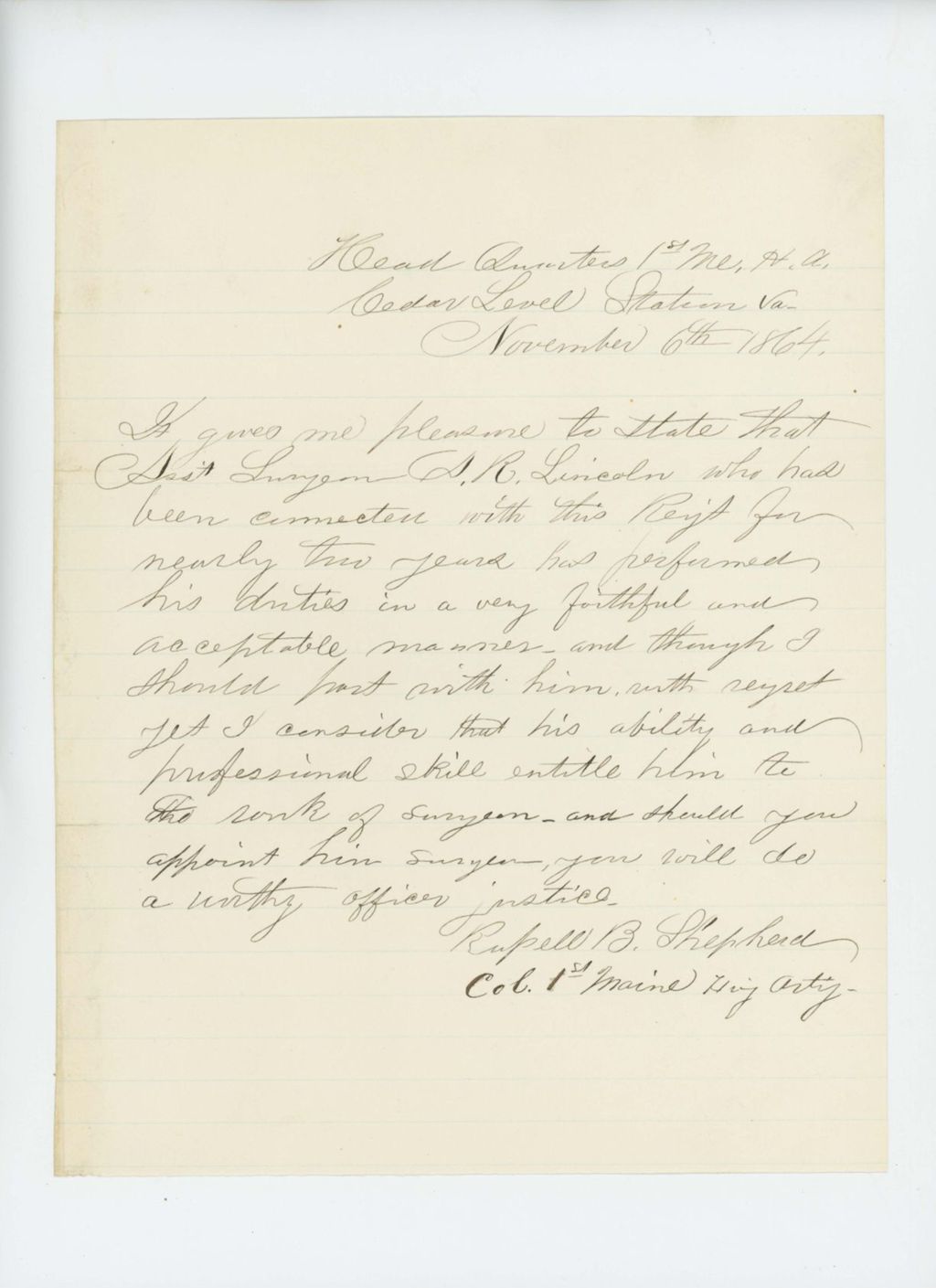 Miniature of Colonel Russell Shepherd recommends Albert Lincoln for promotion to surgeon