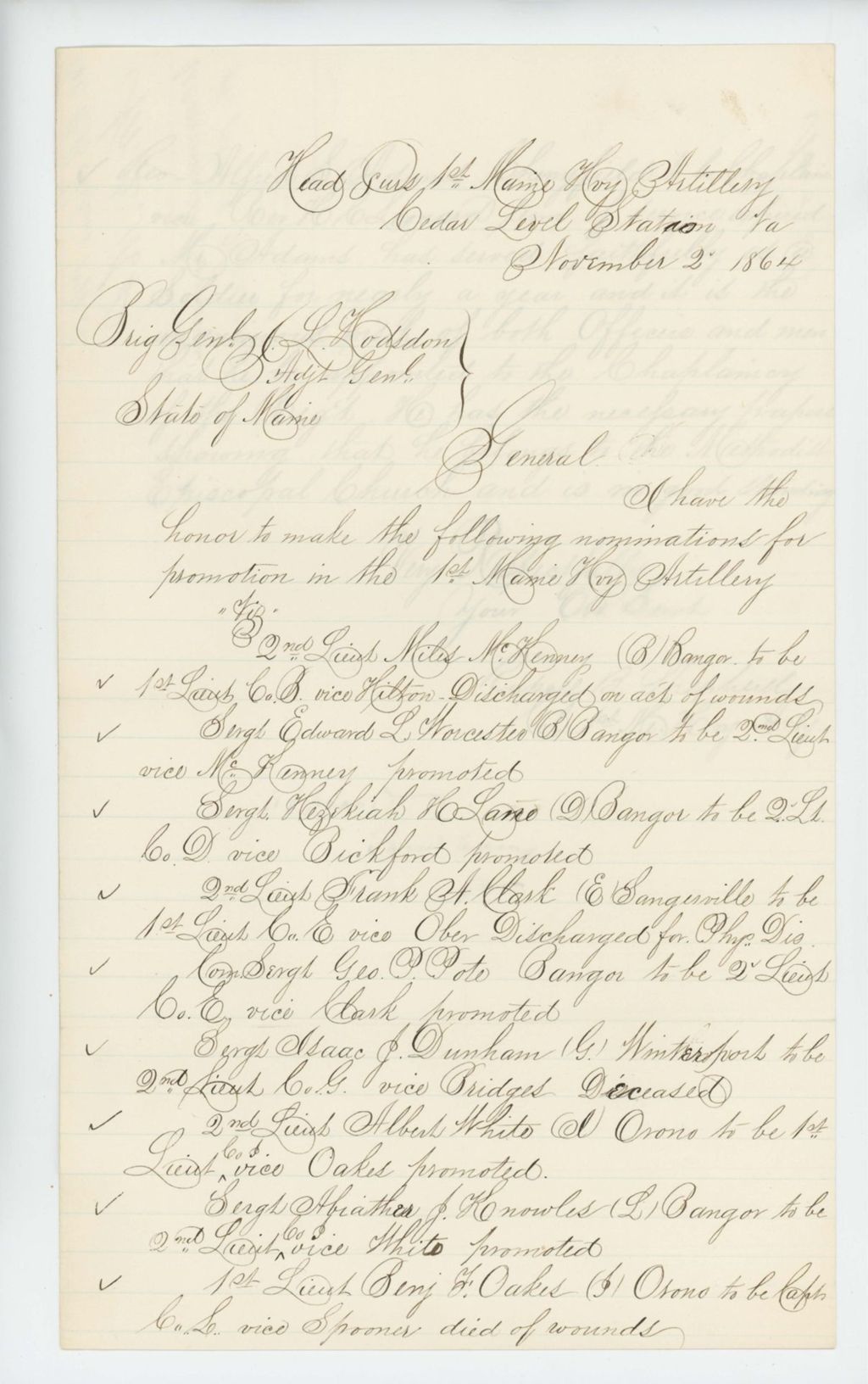 Miniature of Colonel Russell B. Shepherd recommends several officers for promotion