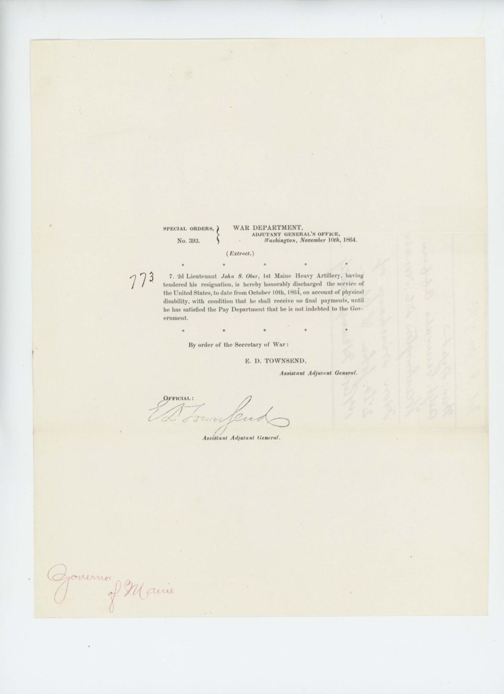 Miniature of Special Order 393 honorably discharging Lieutenant John S. Ober from service
