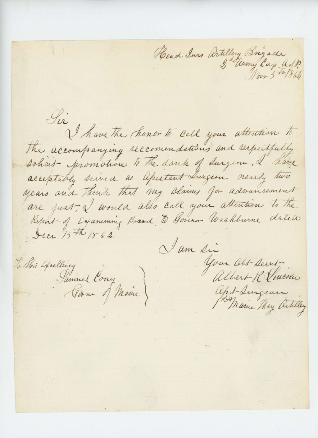 Miniature of Albert Lincoln, Assistant Surgeon, requests a promotion