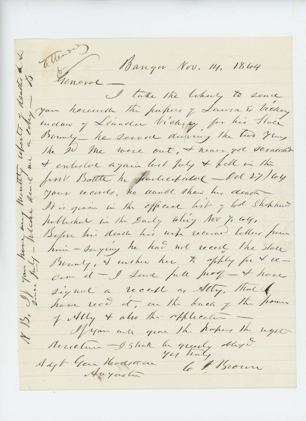 Miniature of C.P. Brown forwards request for state bounty on behalf of Laura Vickery, widow of Leander Vickery
