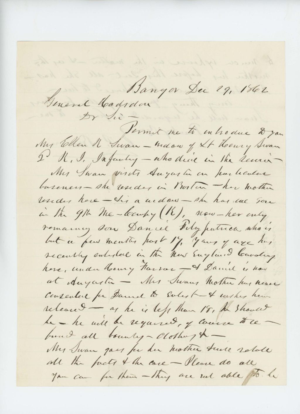 Miniature of C.P. Brown of Bangor introduces Mrs. Ellen Swan, widow of Lt. Henry Swan