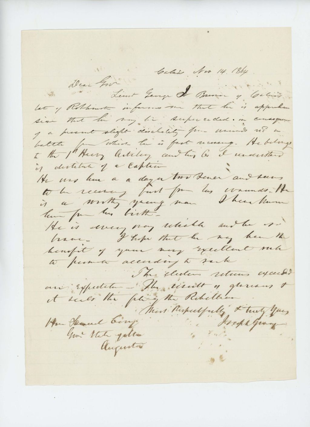 Miniature of Joseph Gray writes Governor Cony recommending Lieutenant George Brewer