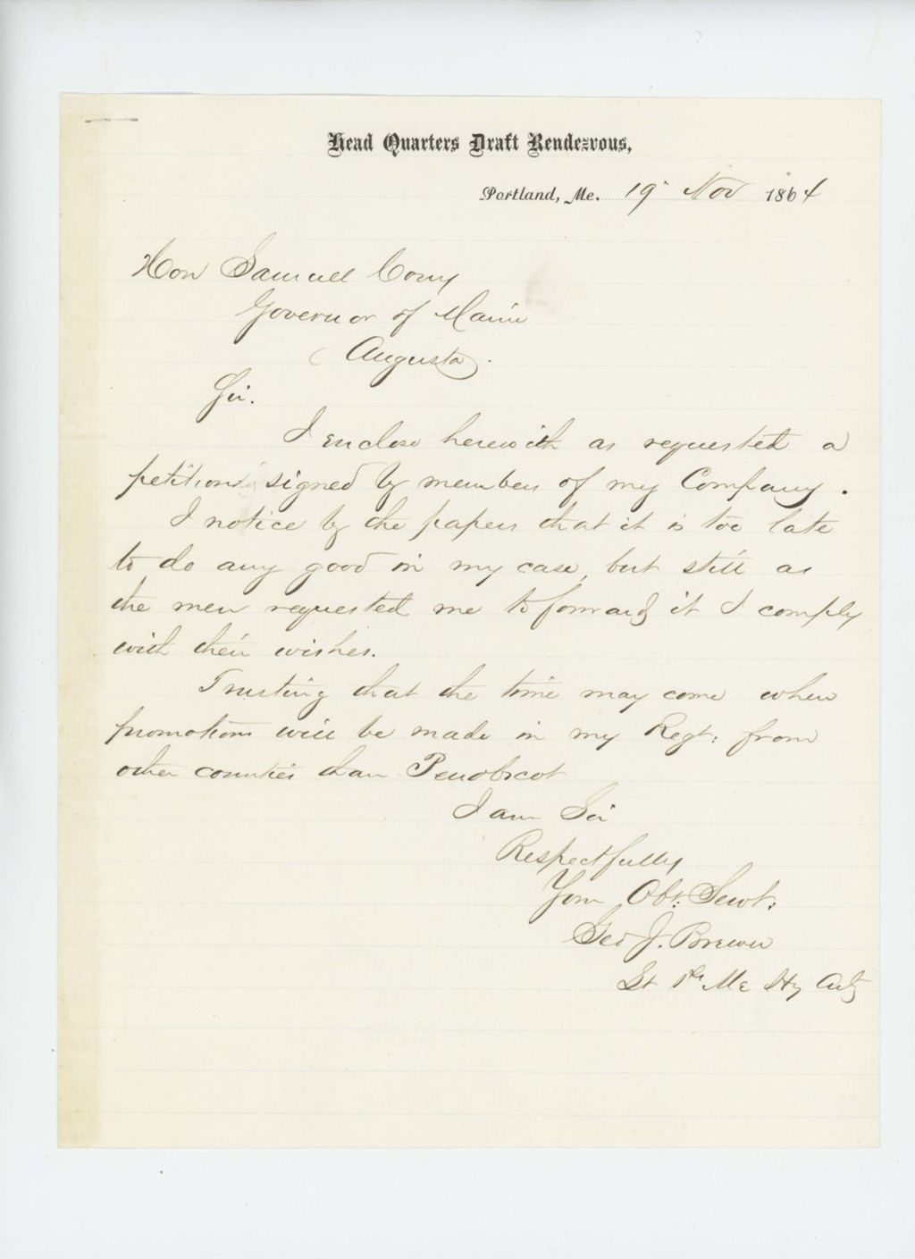 Miniature of Lieutenant George J. Brown forwards a petition from members of his company