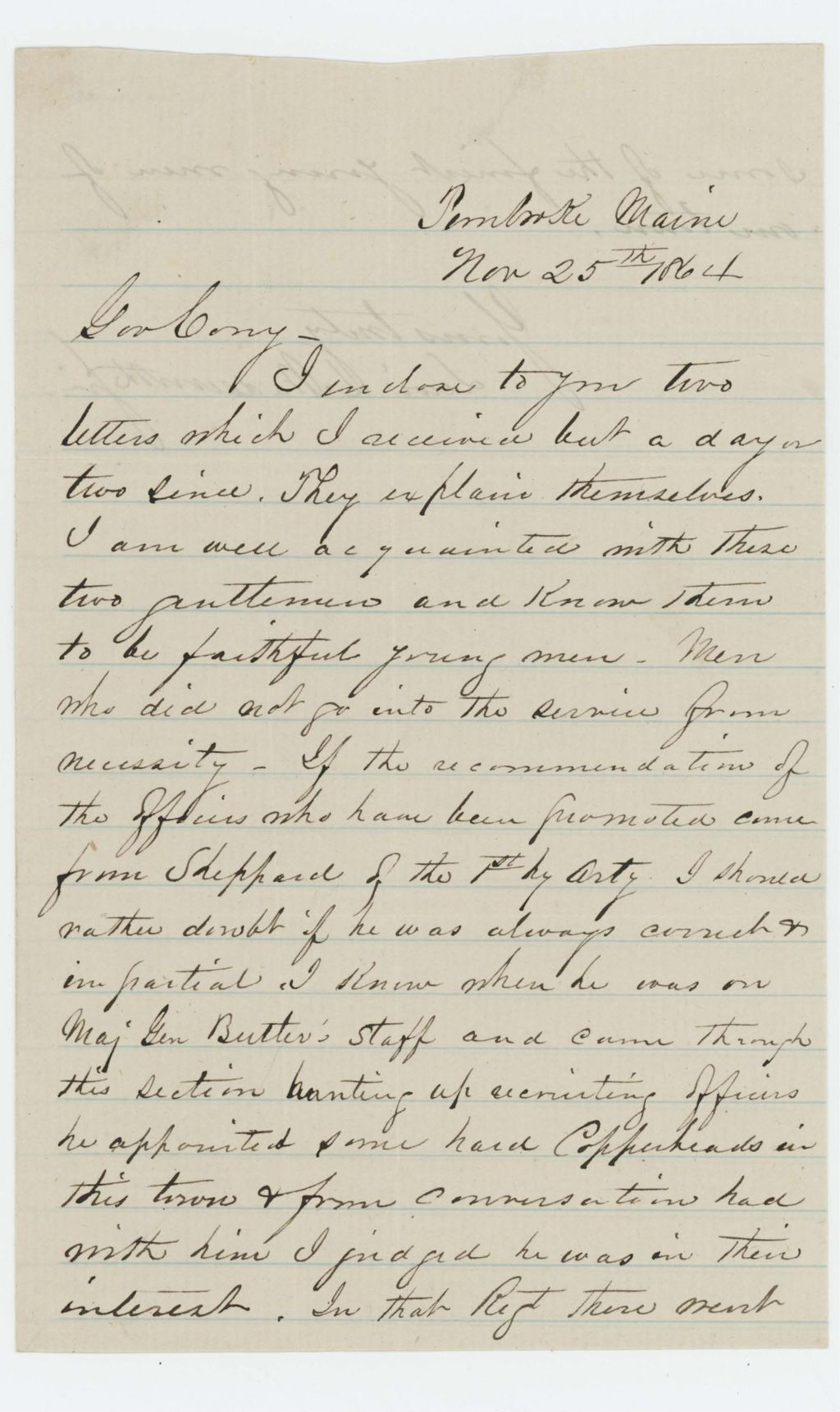 Miniature of Lewis Wadsworth, Jr. writes Governor Cony regarding concerns about Colonel Shepherd's Copperhead sympathies