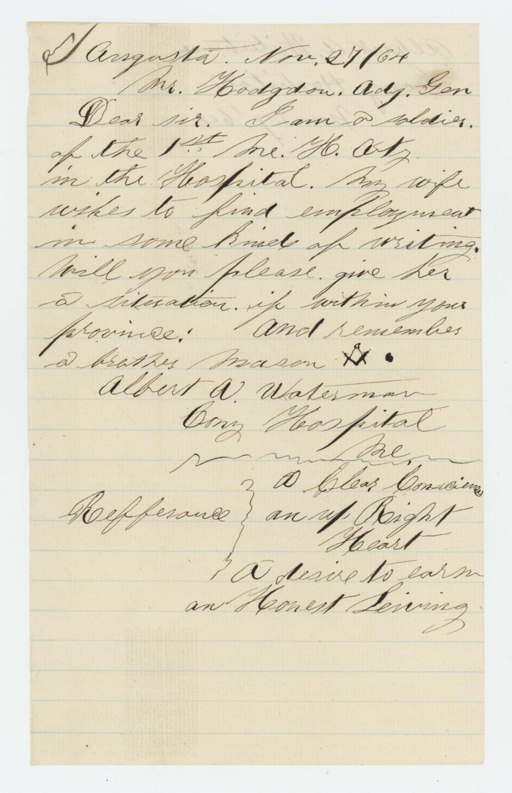 Miniature of Albert A. Waterhouse writes Governor Cony and requests a writing position for his wife