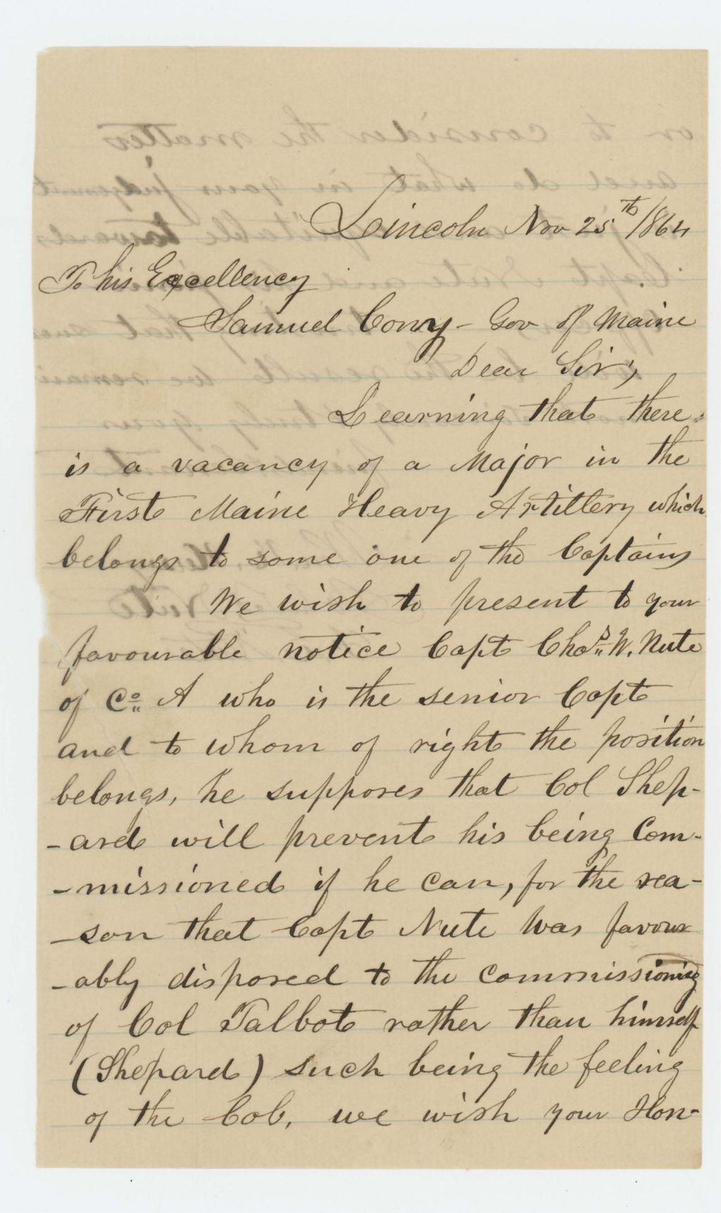 Miniature of William Hersey, John F. Nute, and F.E. Nute write Governor Cony regarding promotion for Captain Charles W. Nute and Colonel Shepherd's dislike