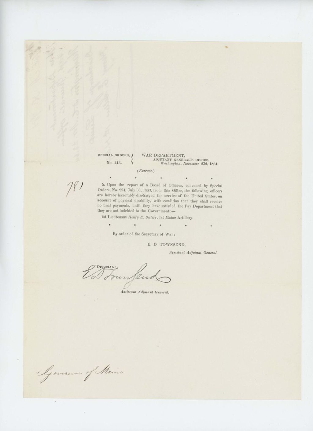 Miniature of Special Order 413 honorably discharging Lieutenant Henry E. Sellers from service