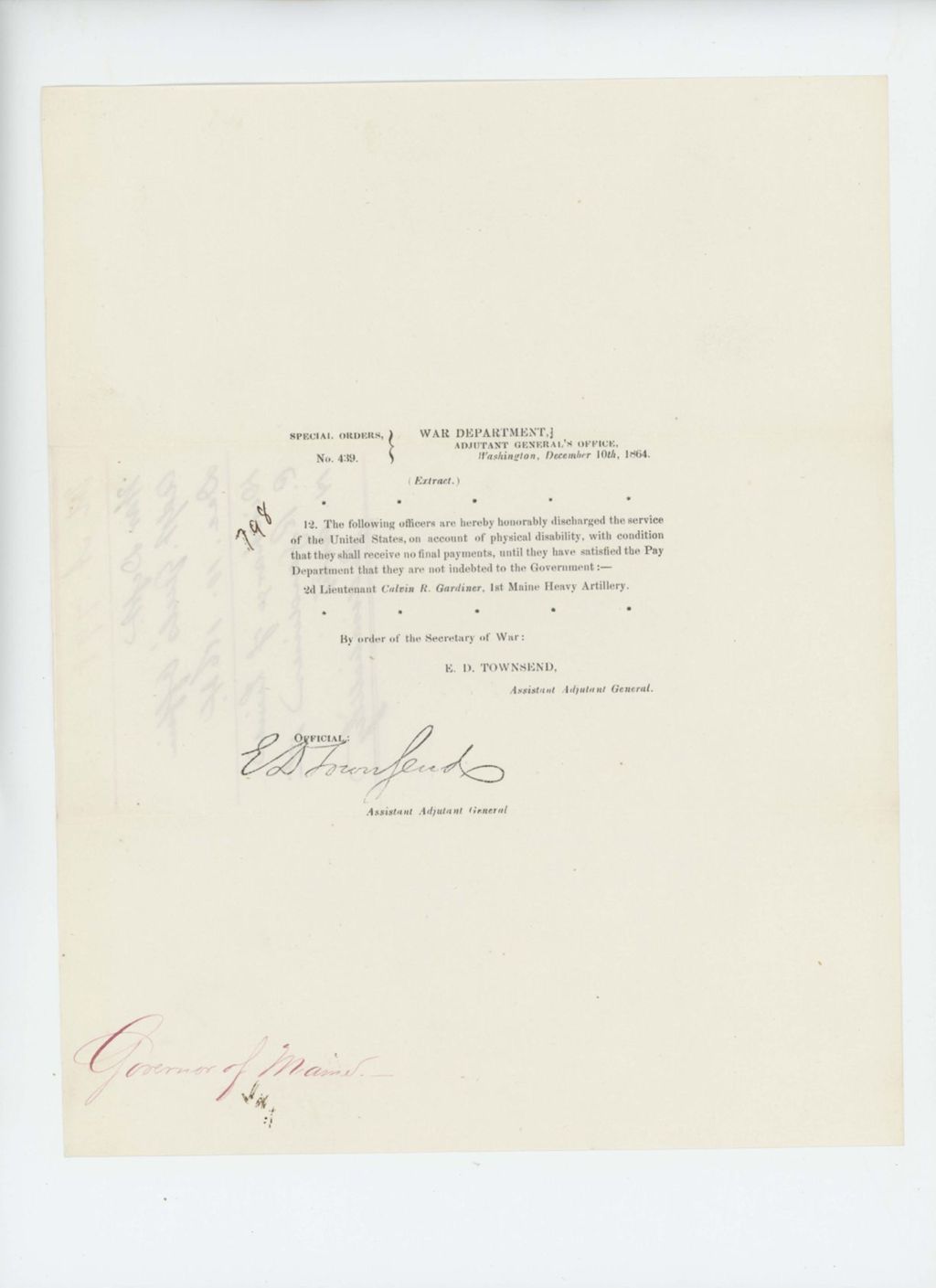 Miniature of Special Order 439 honorably discharging Lieutenant Calvin Gardiner from service