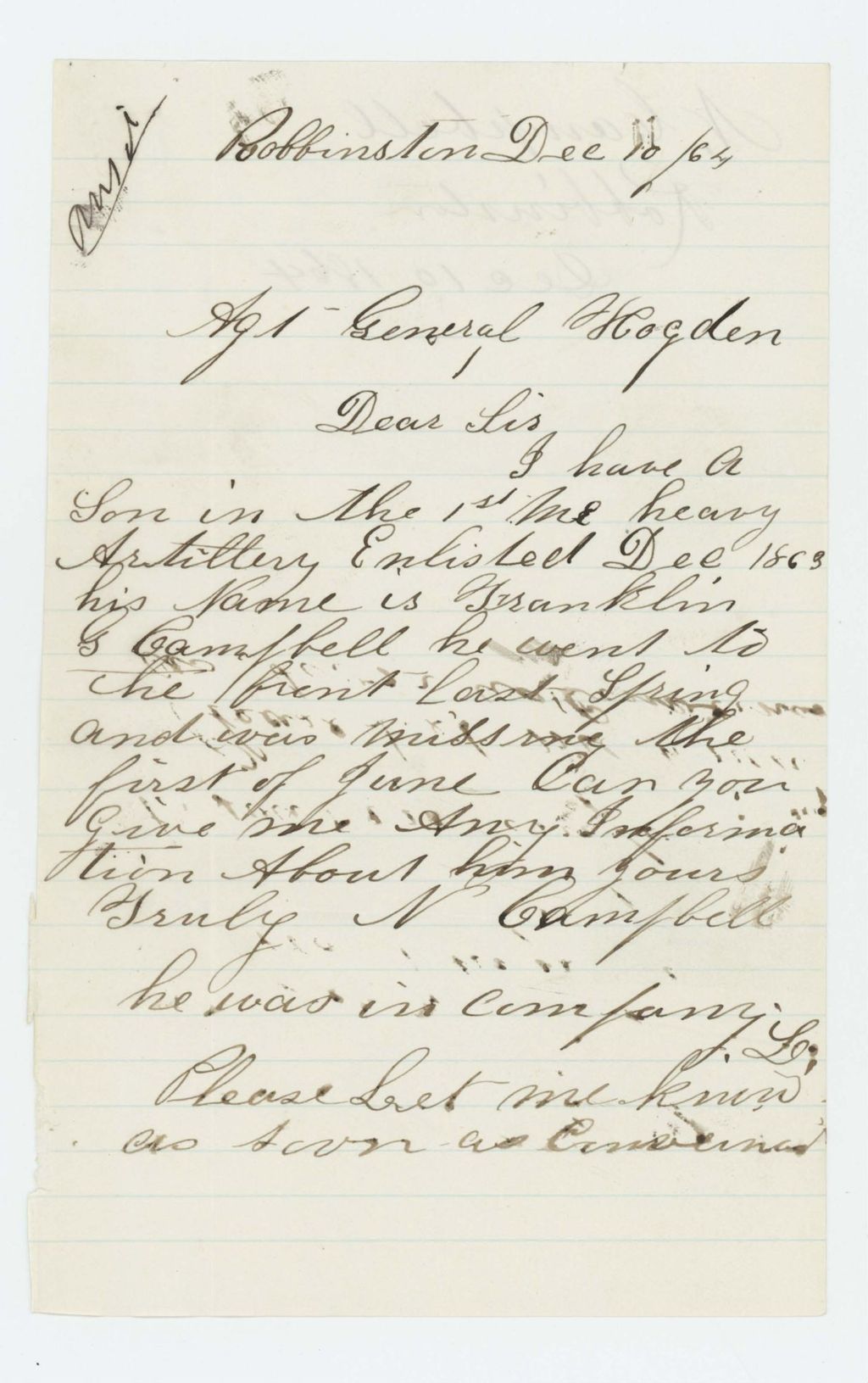 Miniature of N. Campbell inquires about son Franklin G. Campbell who has not been heard from since June