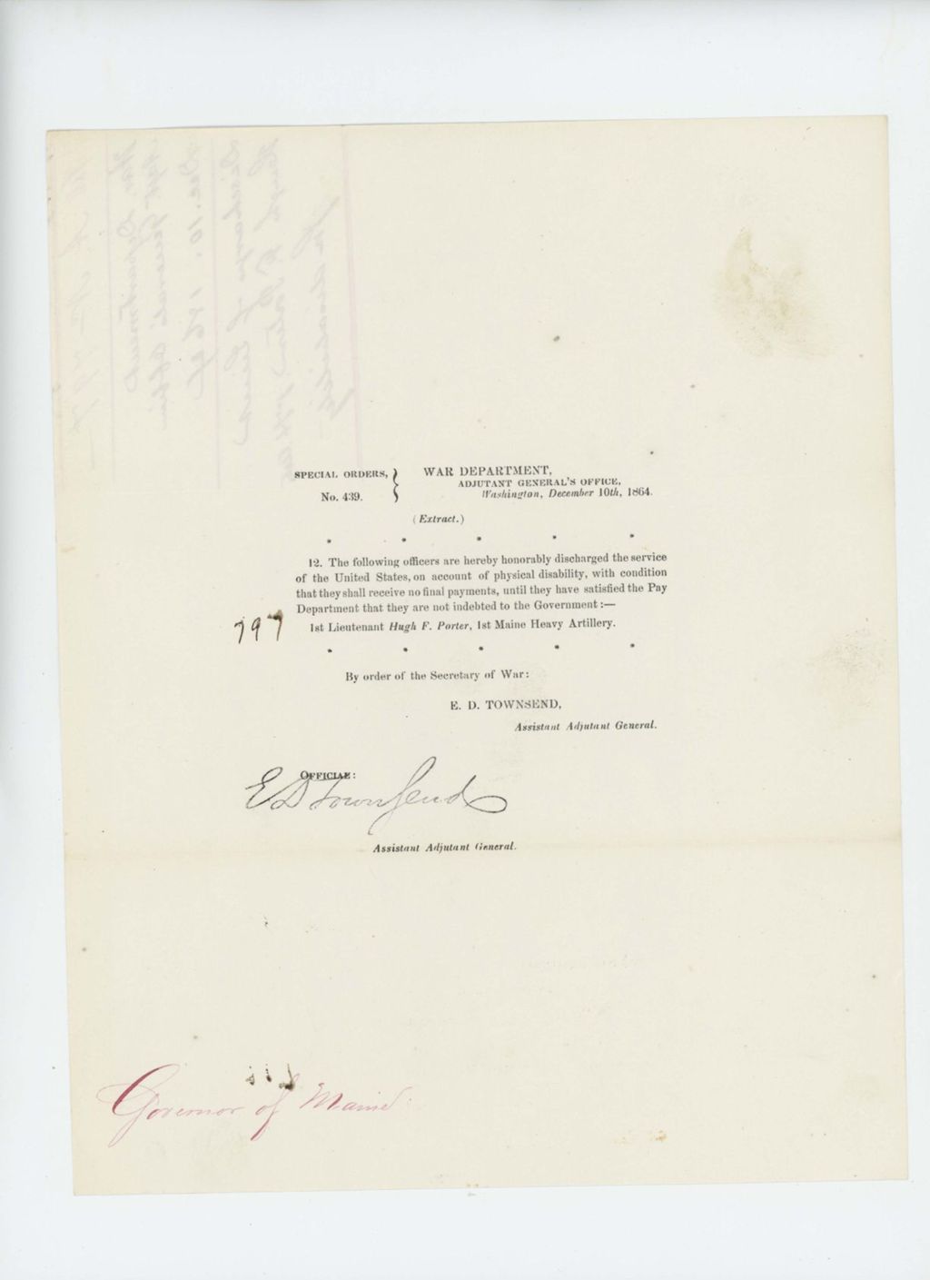 Miniature of Special Order 439 honorably discharging Lieutenant Hugh F. Porter from service