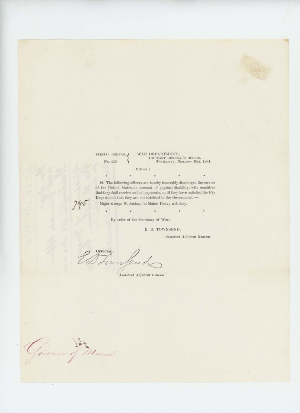 Miniature of Special Order 439 honorably discharging Major George W. Sabine from service