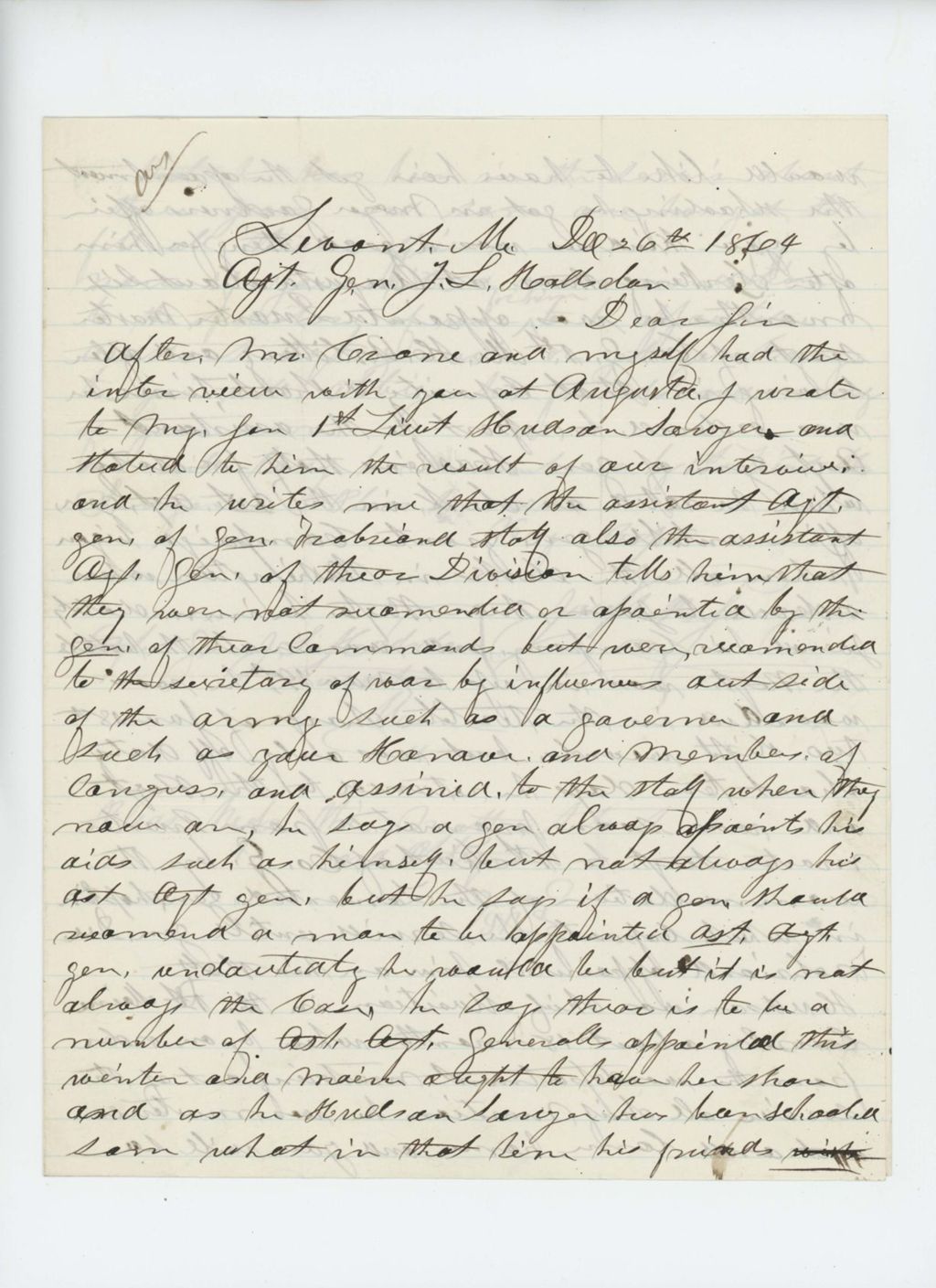 Miniature of Joseph R. Sawyer writes Adjutant General Hodsdon regarding Lieutenant Hudson Sawyer