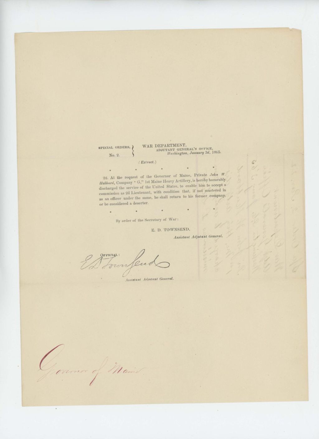 Miniature of Special Order 2 honorably discharging Private John W. Hubbard to accept commission as Lieutenant