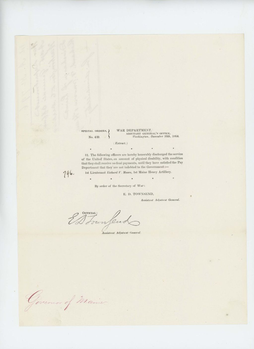Miniature of Special Order 439 honorably discharging Lieutenant Richard V. Moore from service