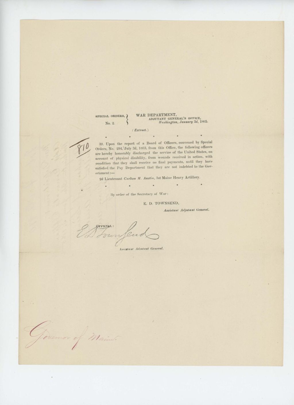Miniature of Special Order 2 honorably discharging Lieutenant Carlton M. Austin from service