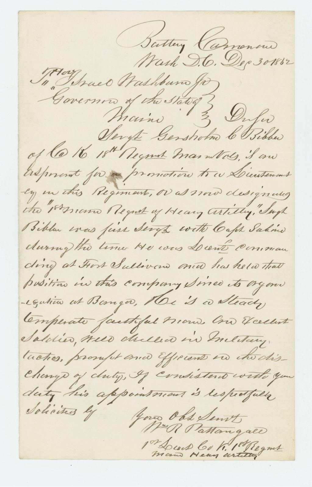 Miniature of Lieutenant William R. Pattangall recommends Sergeant Gershom C. Bibber of Company K. 18th Maine Regiment, for promotion
