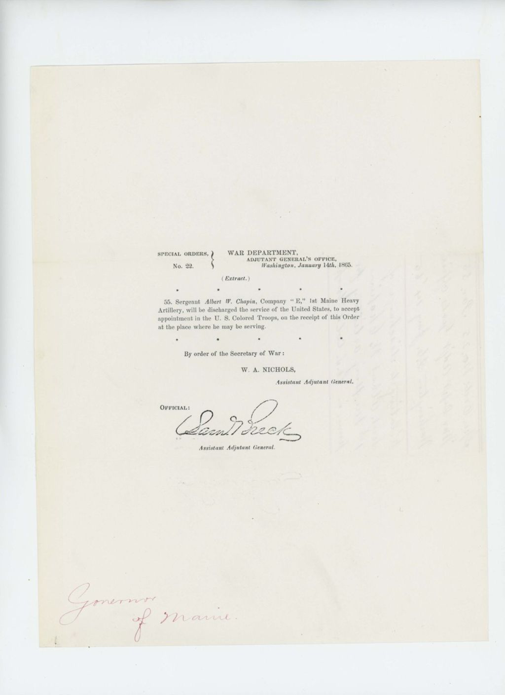 Miniature of Special Order 22 discharging Sergeant Albert W. Chapin from service to accept appointment in U.S. Colored Troops