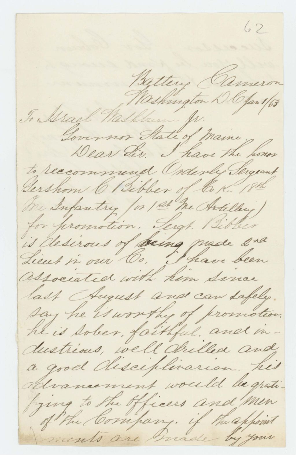 Miniature of Lieutenant Stephen C. Talbot recommends Gershom C. Bibber for promotion