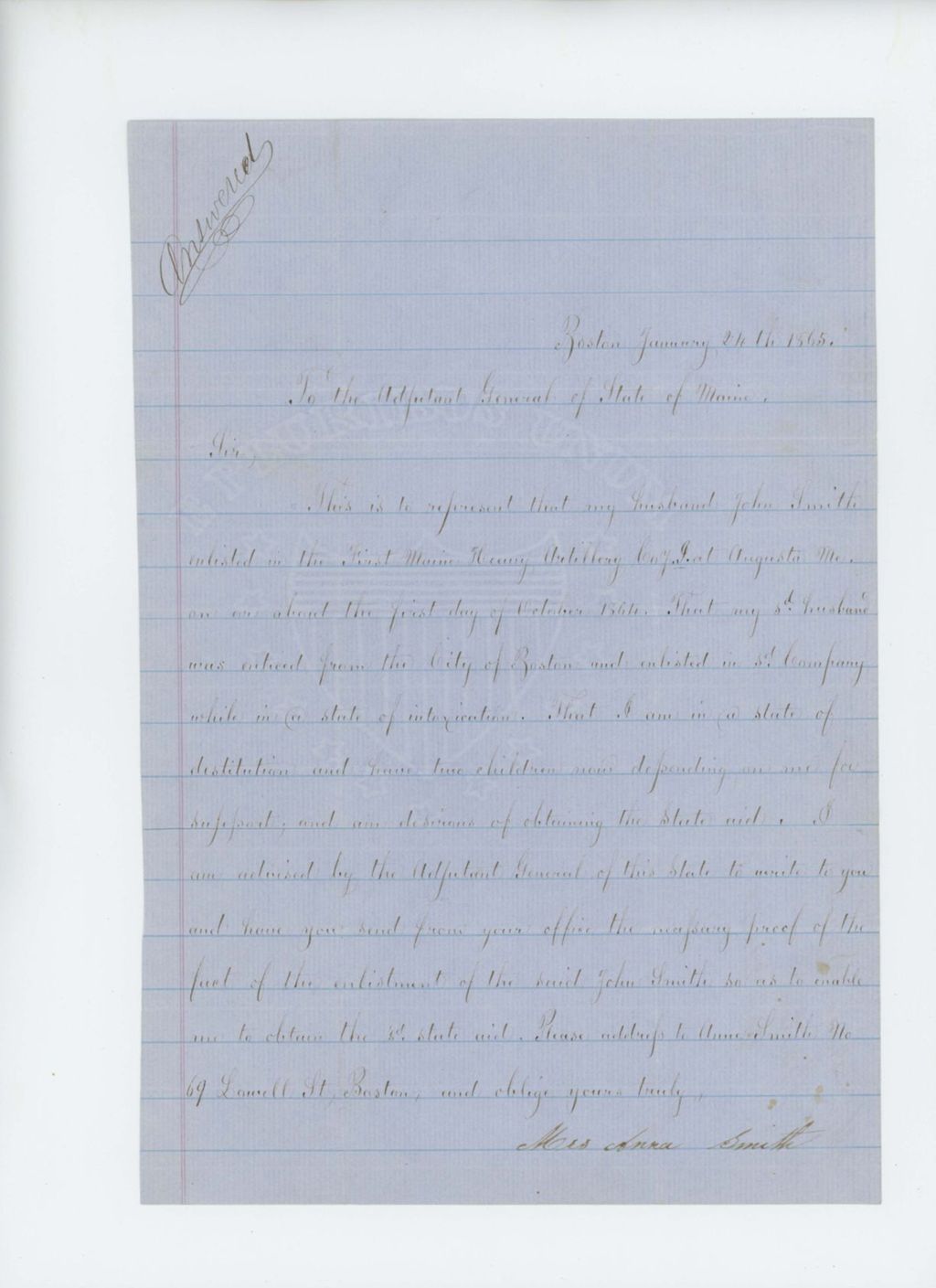 Miniature of Anna Smith requests state aid as her husband John enlisted when drunk