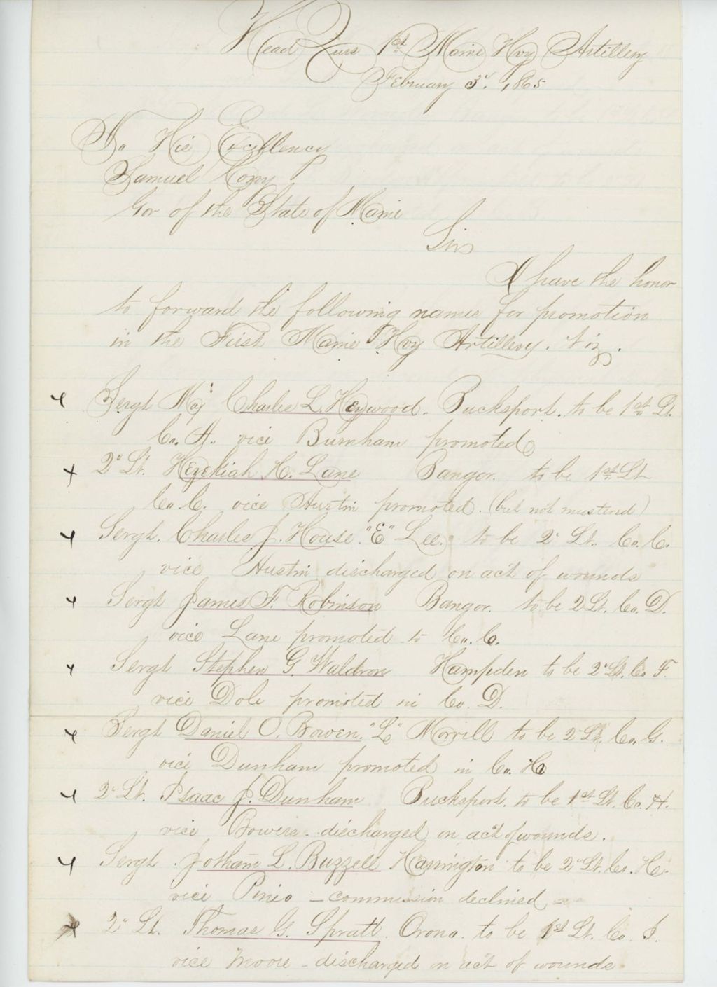 Miniature of Colonel Shepherd forwards names for promotion to Governor Cony