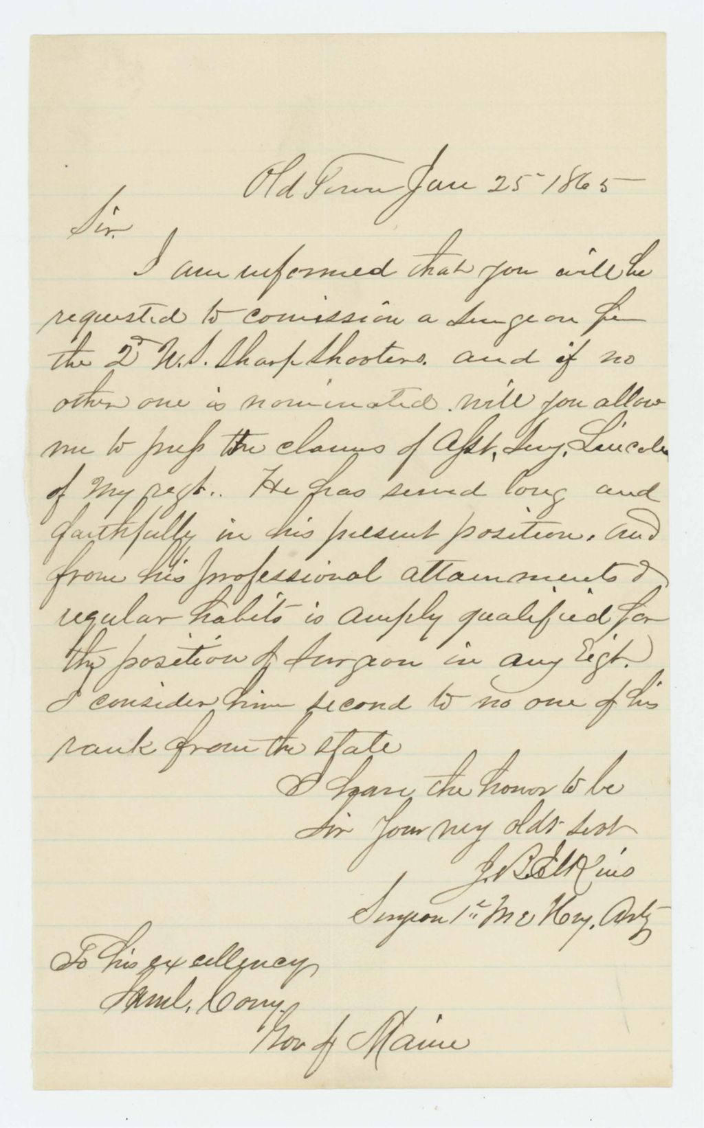 Miniature of Surgeon J.B. Elkins recommends Assistant Surgeon Lincoln for a position in the 2nd U.S. Sharpshooters