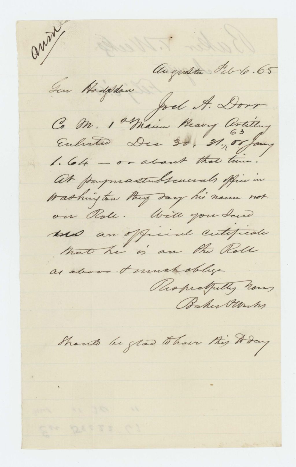 Miniature of Baker T. Weeks inquires if Joel A. Dorr of Company M is on the payrolls
