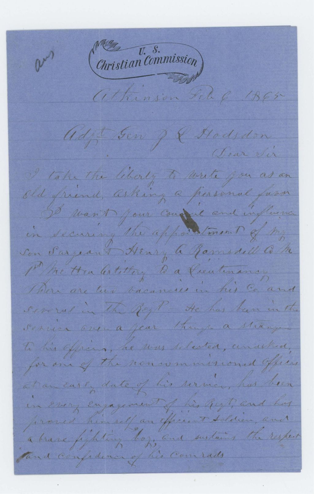 Miniature of J.H. Ramsdell of the U.S. Christian Commission requests Adjutant General Hodsdon's aid obtaining a lieutenant position for his son Sergeant Henry A. Ramsdell