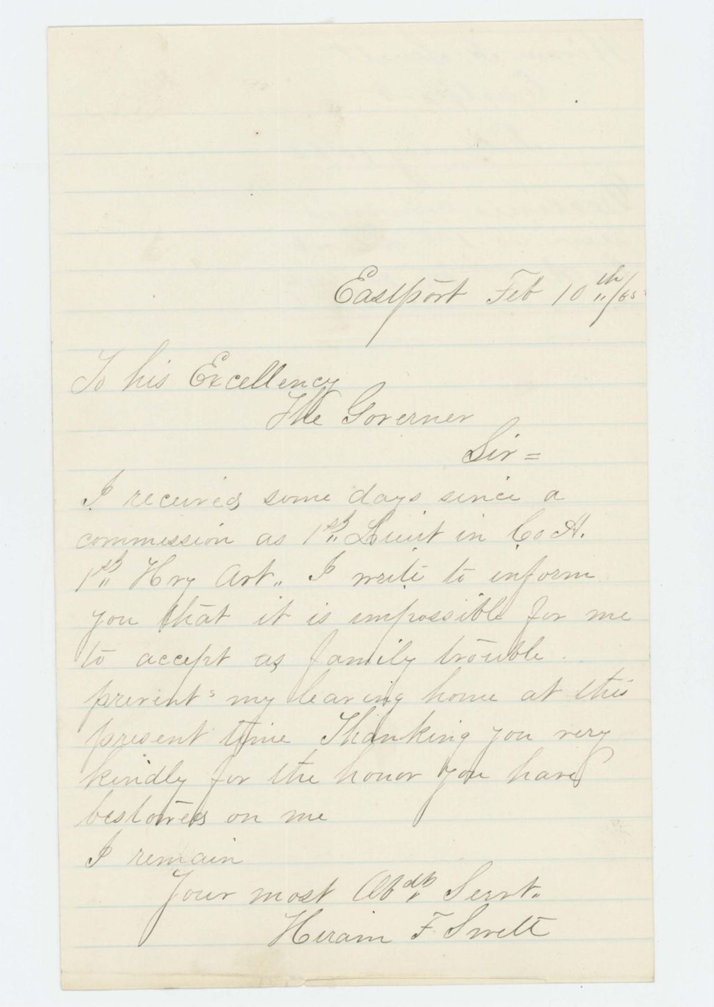 Miniature of Hiram F. Swett declines commission as 1st Lieutenant due to family trouble