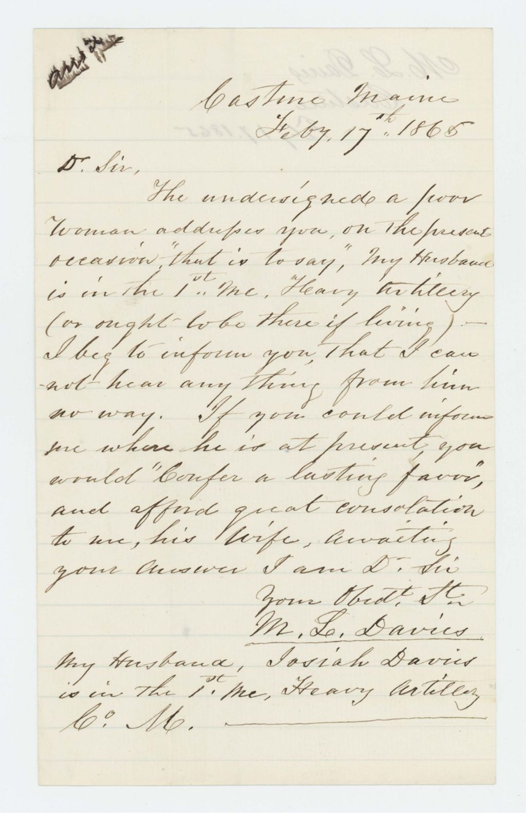 Miniature of M.L. Davis of Castine inquires about her husband Josiah, who she has not heard from