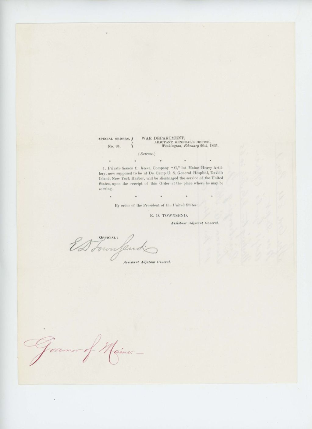 Miniature of Special Order 84 discharging Private Seneca E. Keene of Company G from DeCamp U.S. General Hospital on David's Island, New York