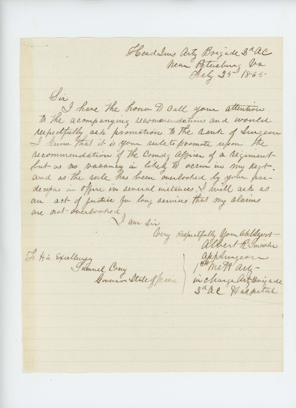 Miniature of Albert R. Lincoln requests promotion to surgeon