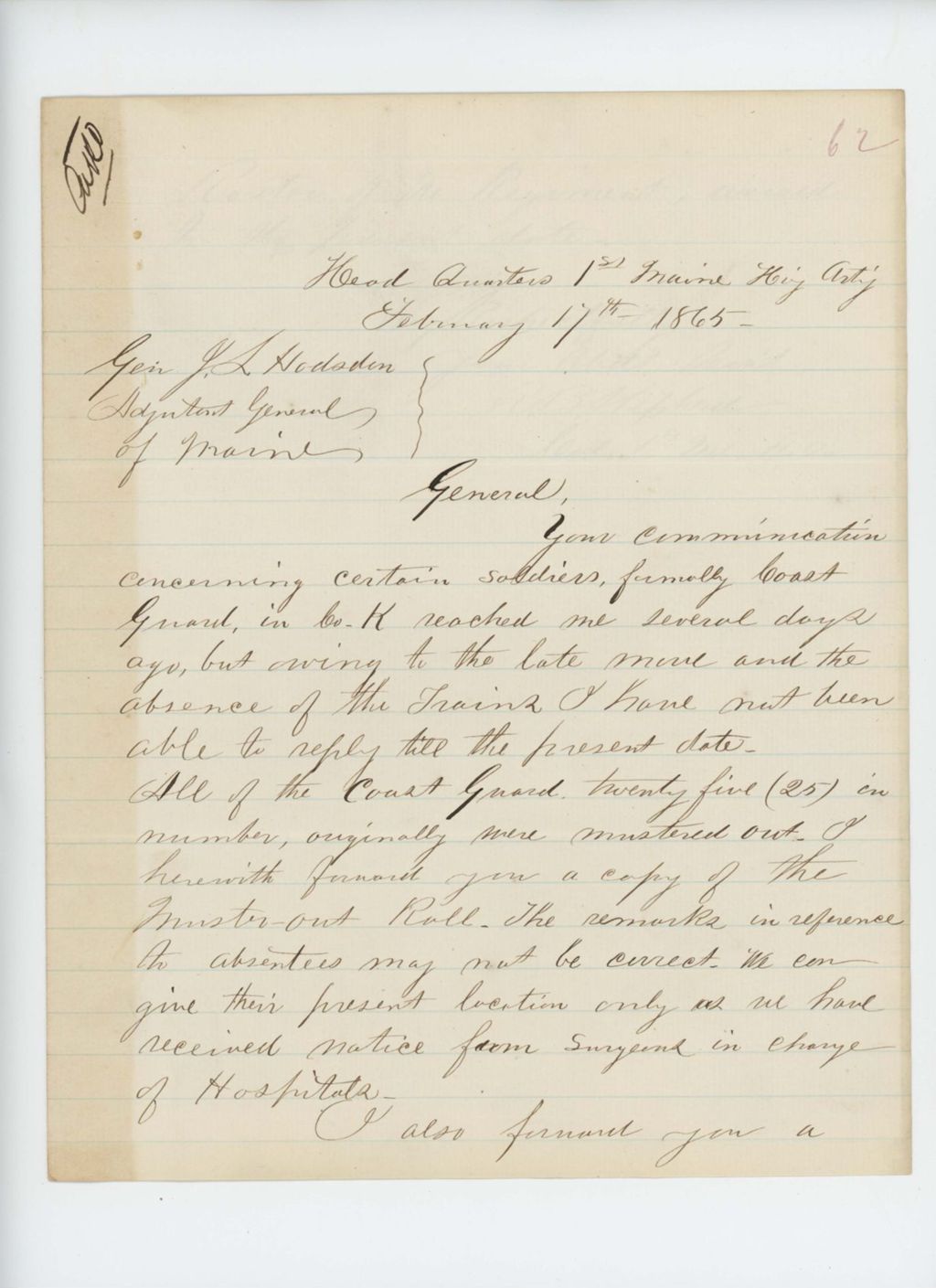 Miniature of Colonel Russell B. Shepherd writes Adjutant General Hodsdon regarding Coast Guard muster roll and absent soldiers