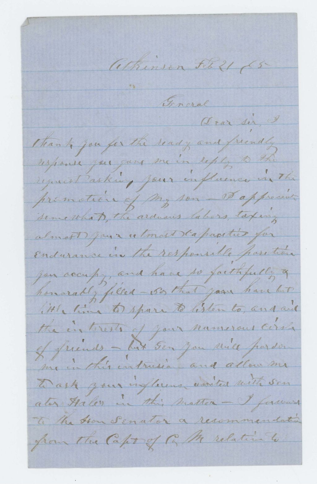 Miniature of J.H. Ramsdell writes Adjutant General Hodsdon requesting promotion for his son