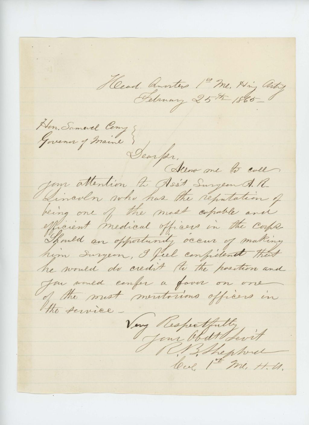 Miniature of Colonel Russell Shepherd recommends Assistant Surgeon Albert R. Lincoln for promotion