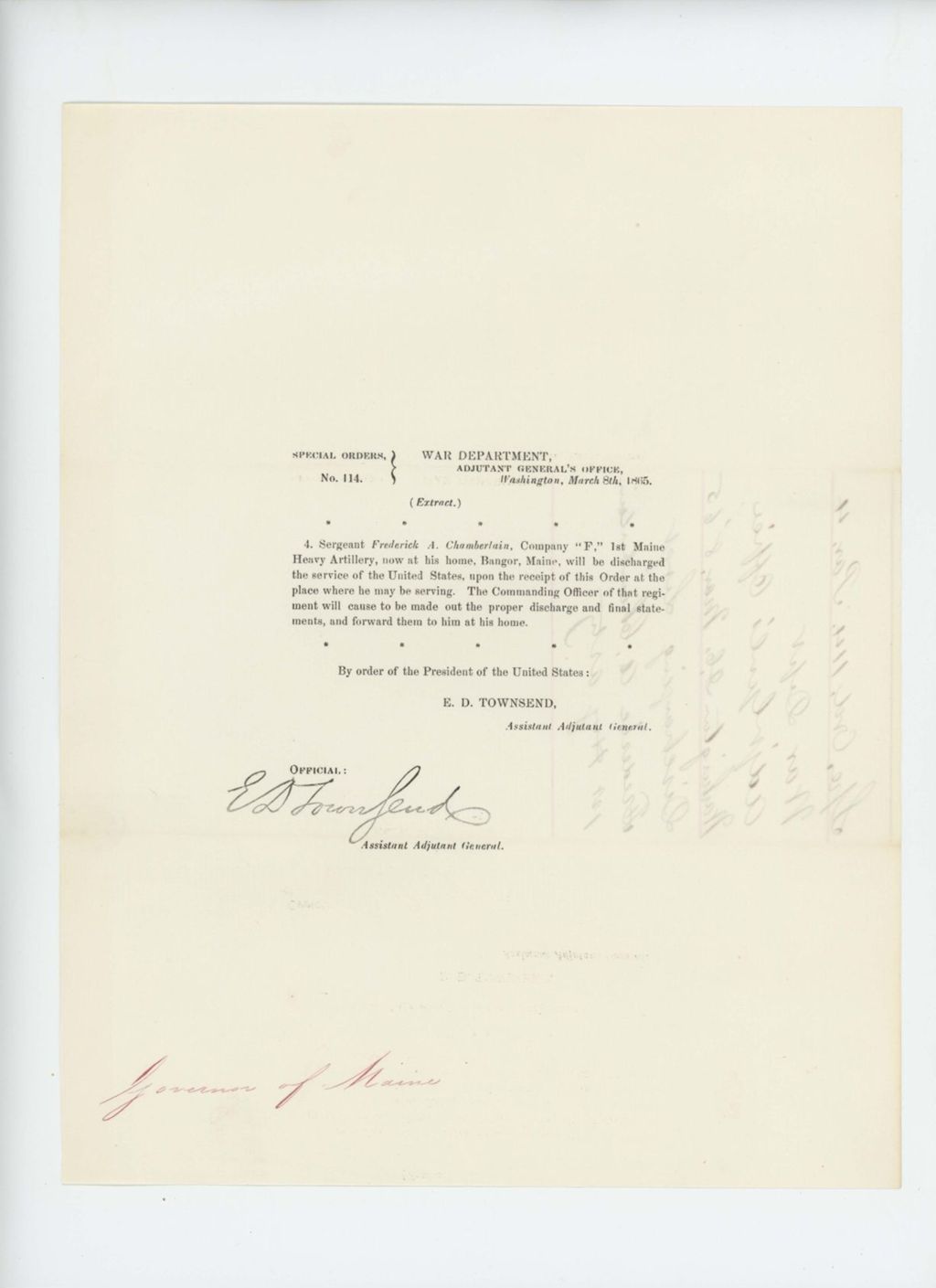 Miniature of Special Order 114 discharging Sergeant Frederick A. Chamberlain of Company F from service