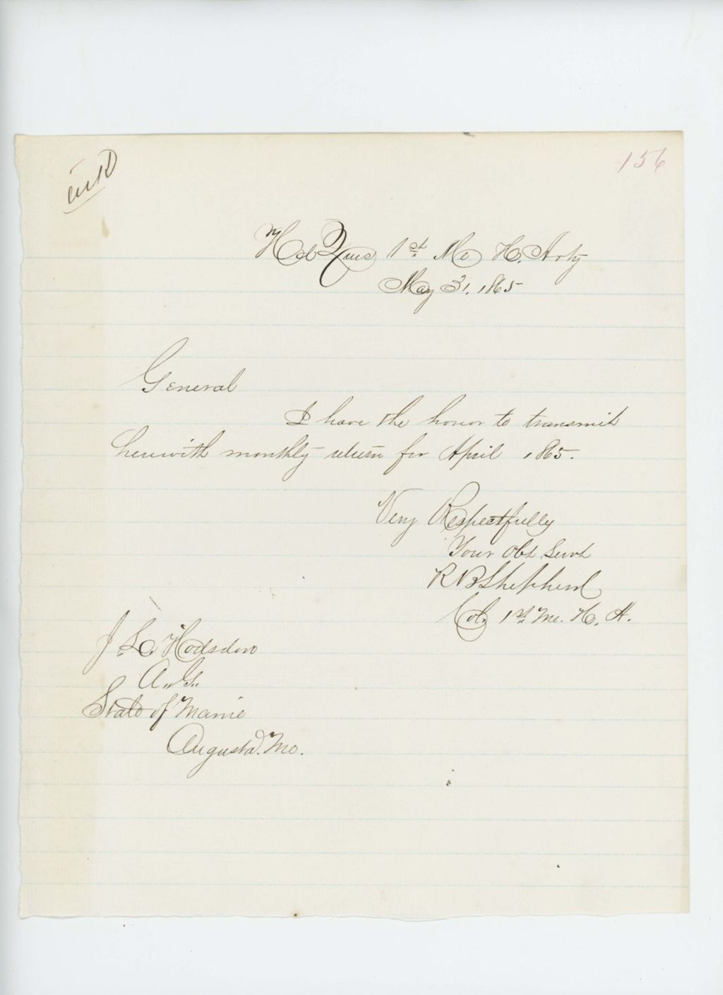 Miniature of Colonel Shepherd sends monthly return to Adjutant General Hodsdon