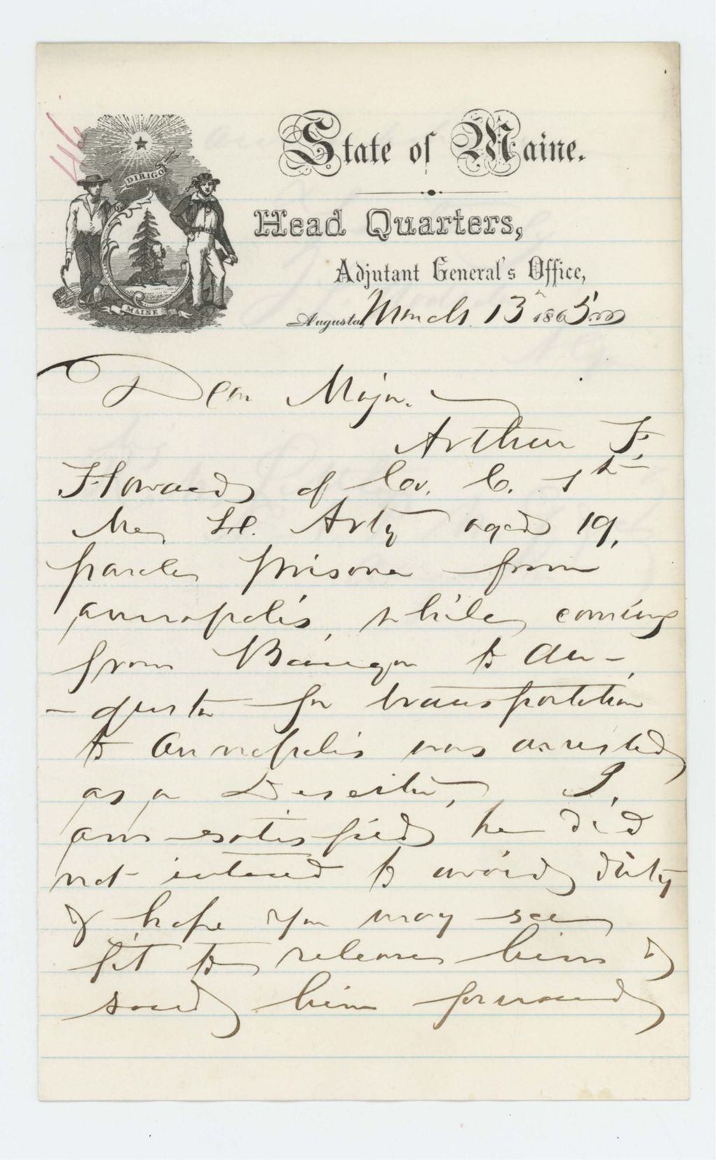 Miniature of Adjutant General Hodsdon writes regarding Arthur f. Howard, who is listed as a deserter