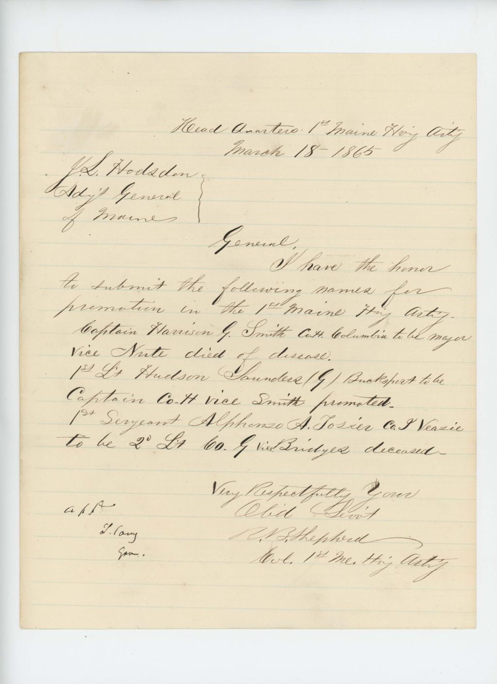 Miniature of Colonel Russell Shepherd recommends Captain Harrison G. Smith and others for promotion