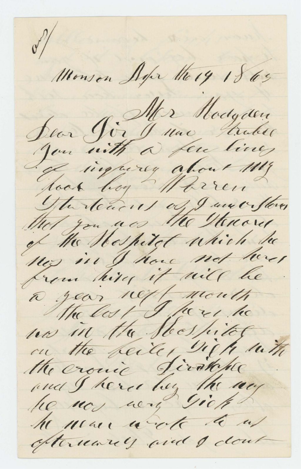 Miniature of Charlotte Sturtevant inquires about her son Warren, who was reported very sick in hospital and she has not heard from him