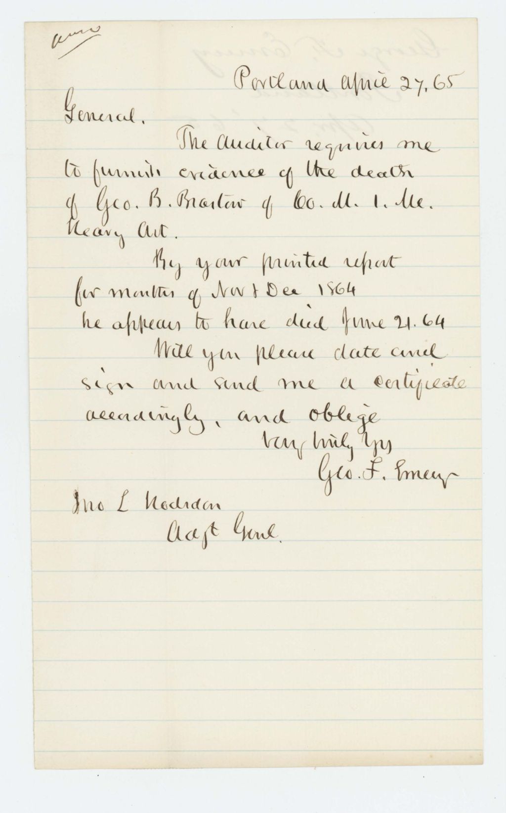 Miniature of George F. Emery requests certification of the death of George B. Brastow of Company M