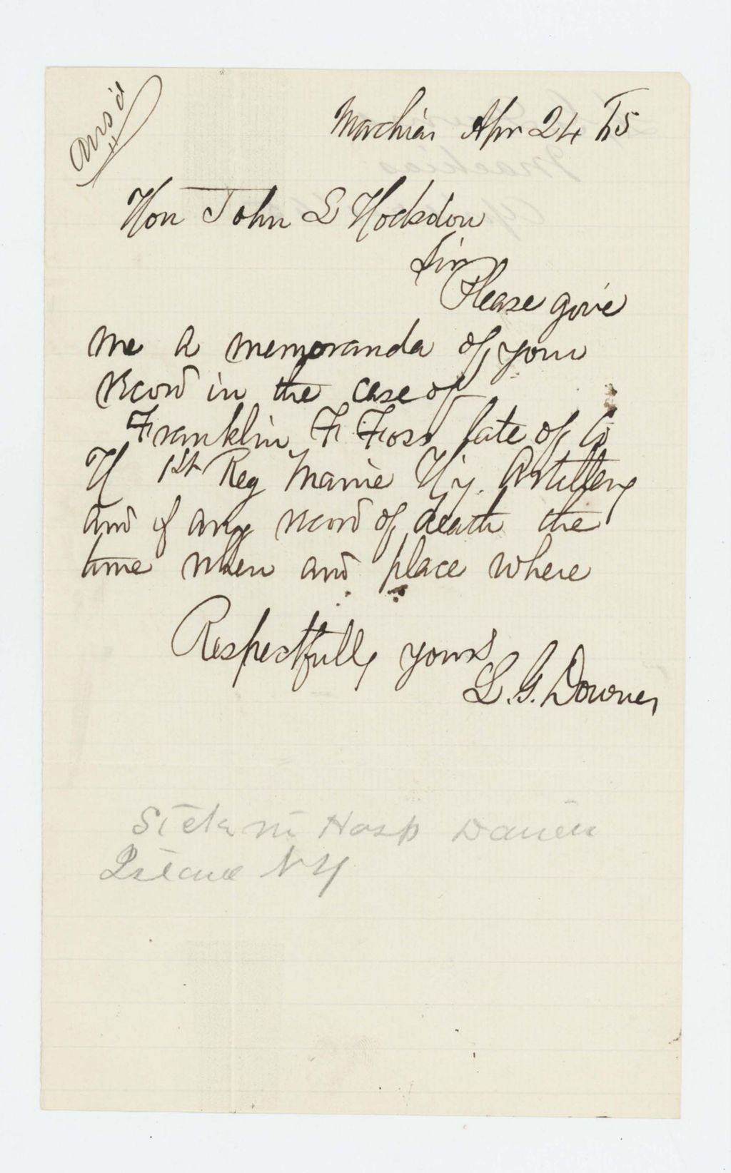 Miniature of L.G. Downes requests information regarding the death of Franklin F. Foss