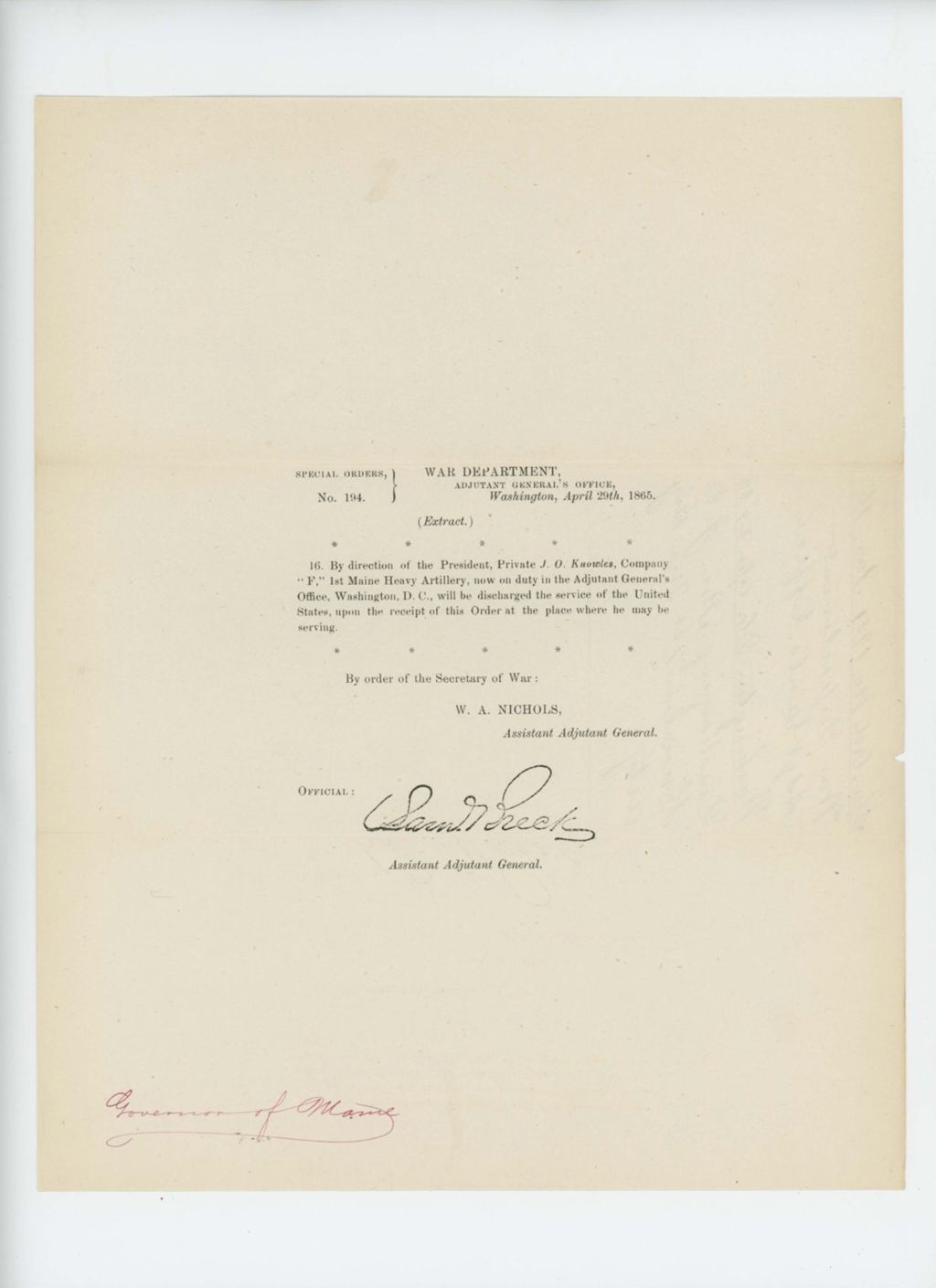 Miniature of Special Order 194 discharging Private J.O. Knowles from service