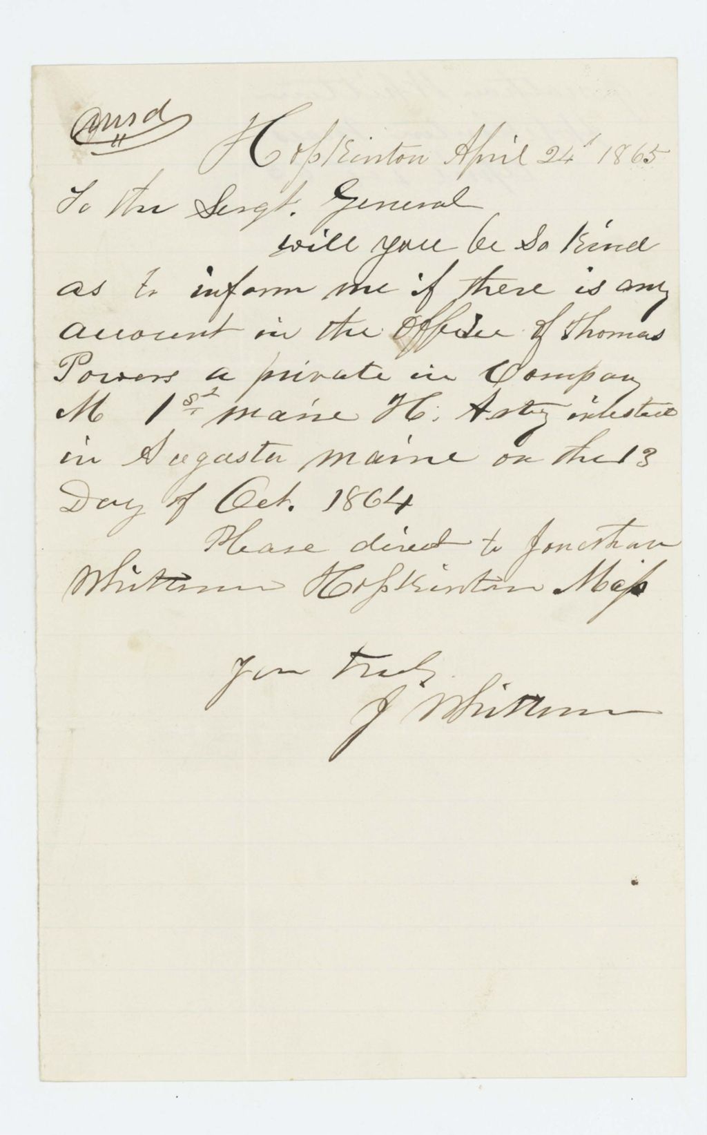 Miniature of Jonathan Whitman inquires about Private Thomas Powers