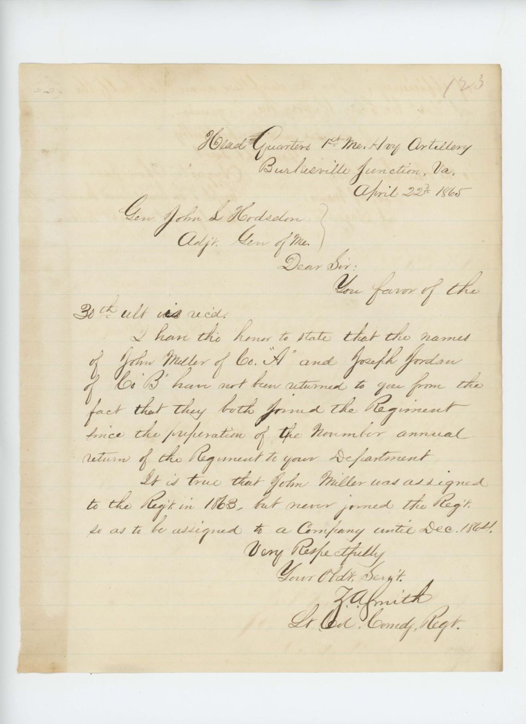 Miniature of Lieutenant Colonel Zemro Smith writes Adjutant General Hodsdon regarding Joseph Jordan and John Miller