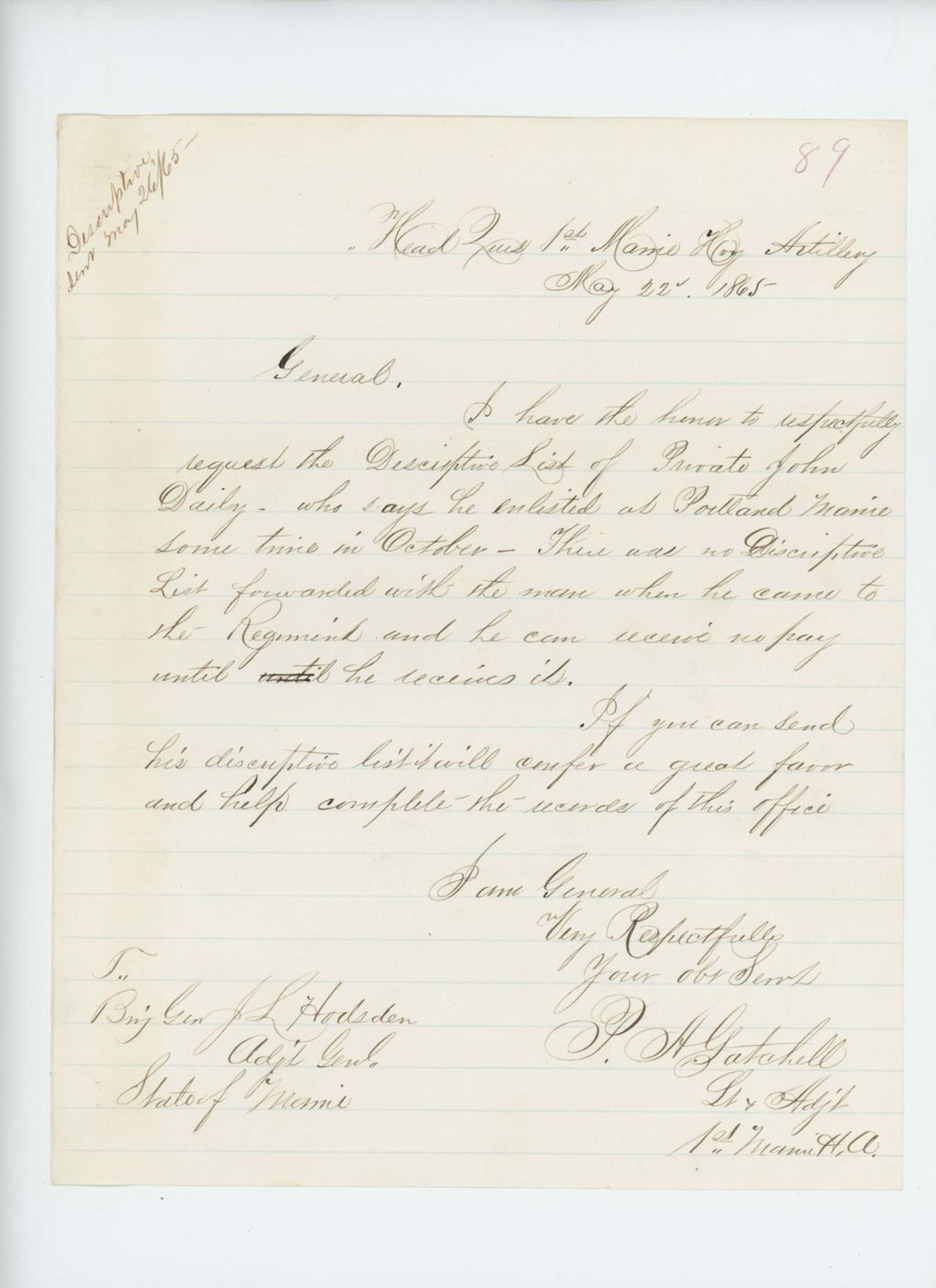 Miniature of Lieutenant and Adjutant P.H. Gatchell requests a descriptive list for Private John Daily