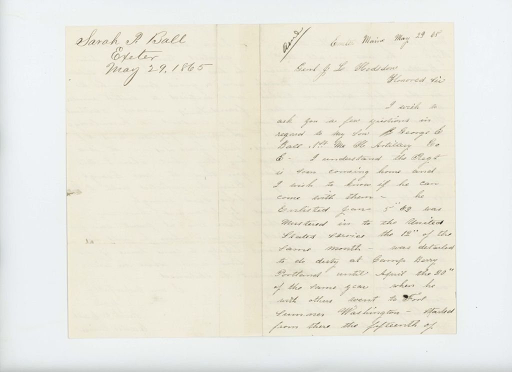 Miniature of Sarah P. Ball inquires about her son George E. Ball