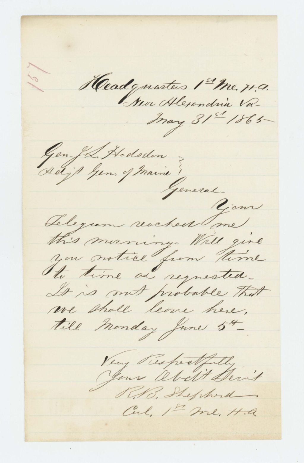 Miniature of Colonel Shepherd informs Adjutant General Hodsdon the regiment will depart June 5